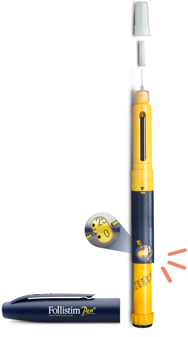 FOLLISTIM Pen® Includes Protective Cap, BD Micro-Fine™ Pen Needle, Cartridge Holder, Pen Body, and Dosage Tracking